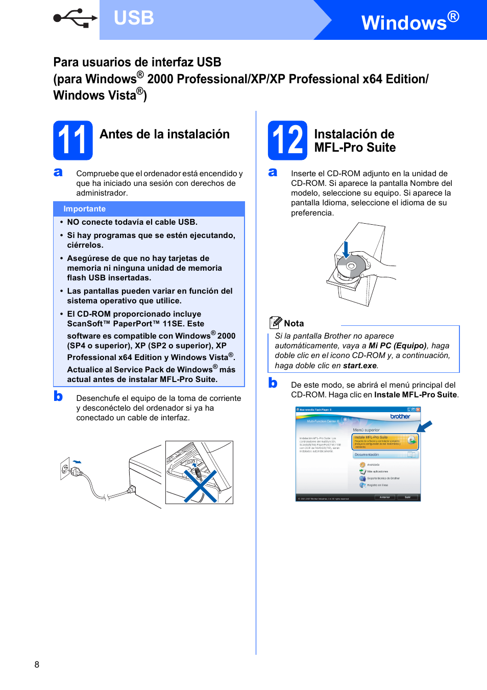 11 antes de la instalación, 12 instalación de mfl-pro suite, Windows | Brother DCP-585CW User Manual | Page 8 / 42