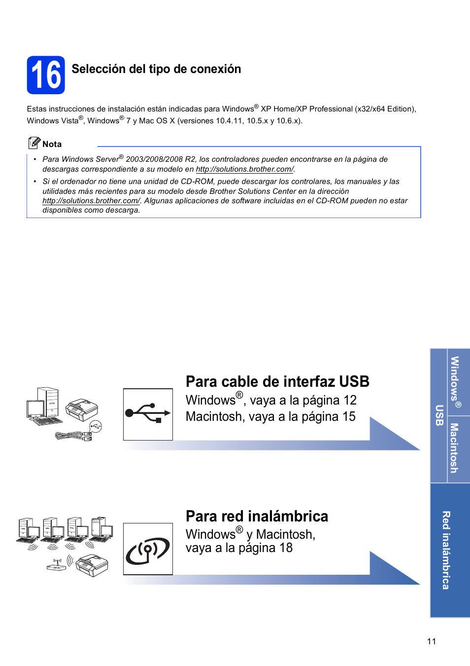 16 selección del tipo de conexión, Para cable de interfaz usb, Para red inalámbrica | Windows, Vaya a la página 12 macintosh, vaya a la página 15, Y macintosh, vaya a la página 18, Selección del tipo de conexión | Brother MFC-J625DW User Manual | Page 11 / 35