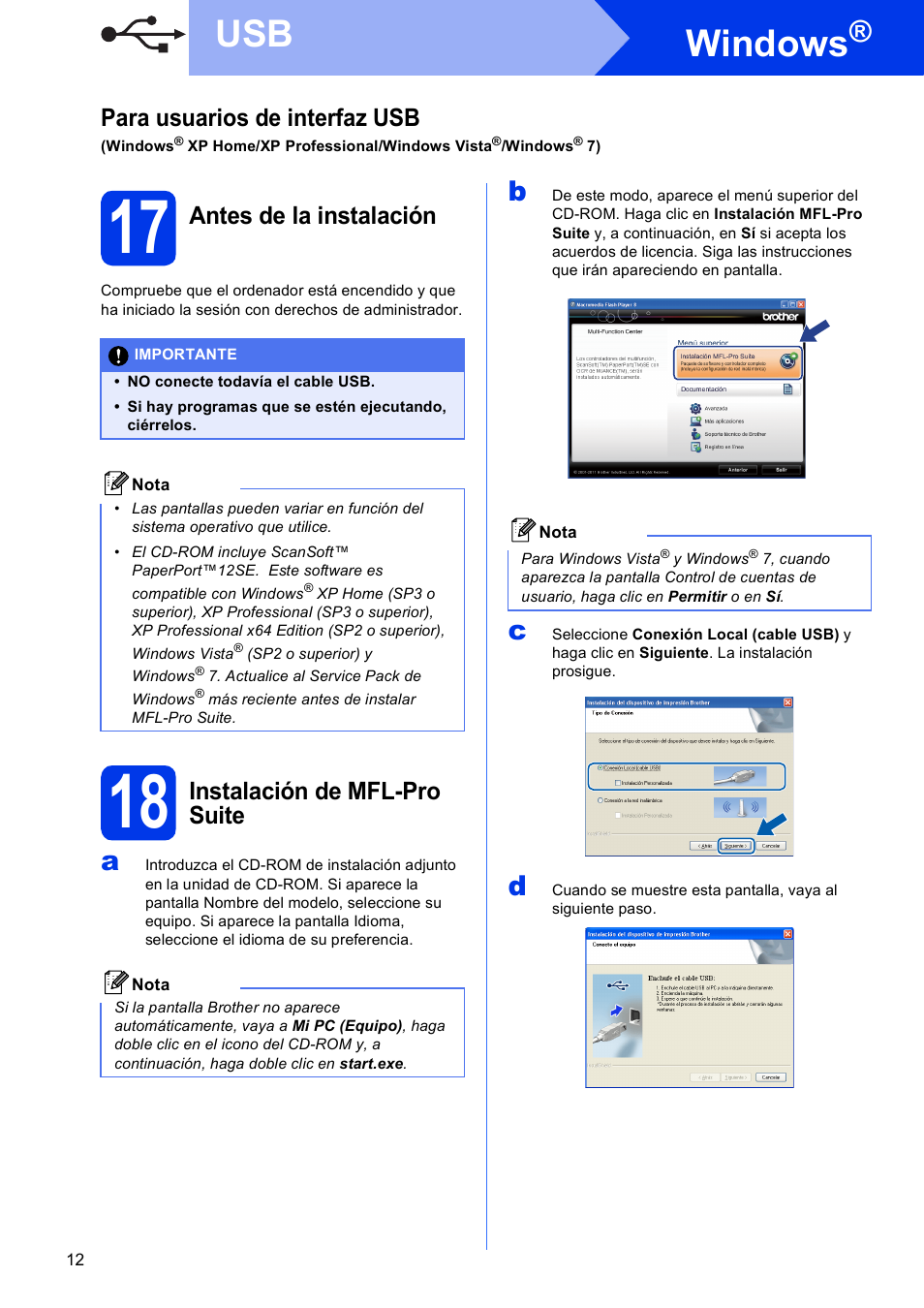 17 antes de la instalación, 18 instalación de mfl-pro suite, Windows | Para usuarios de interfaz usb, Antes de la instalación, Instalación de mfl-pro suite | Brother MFC-J625DW User Manual | Page 12 / 35