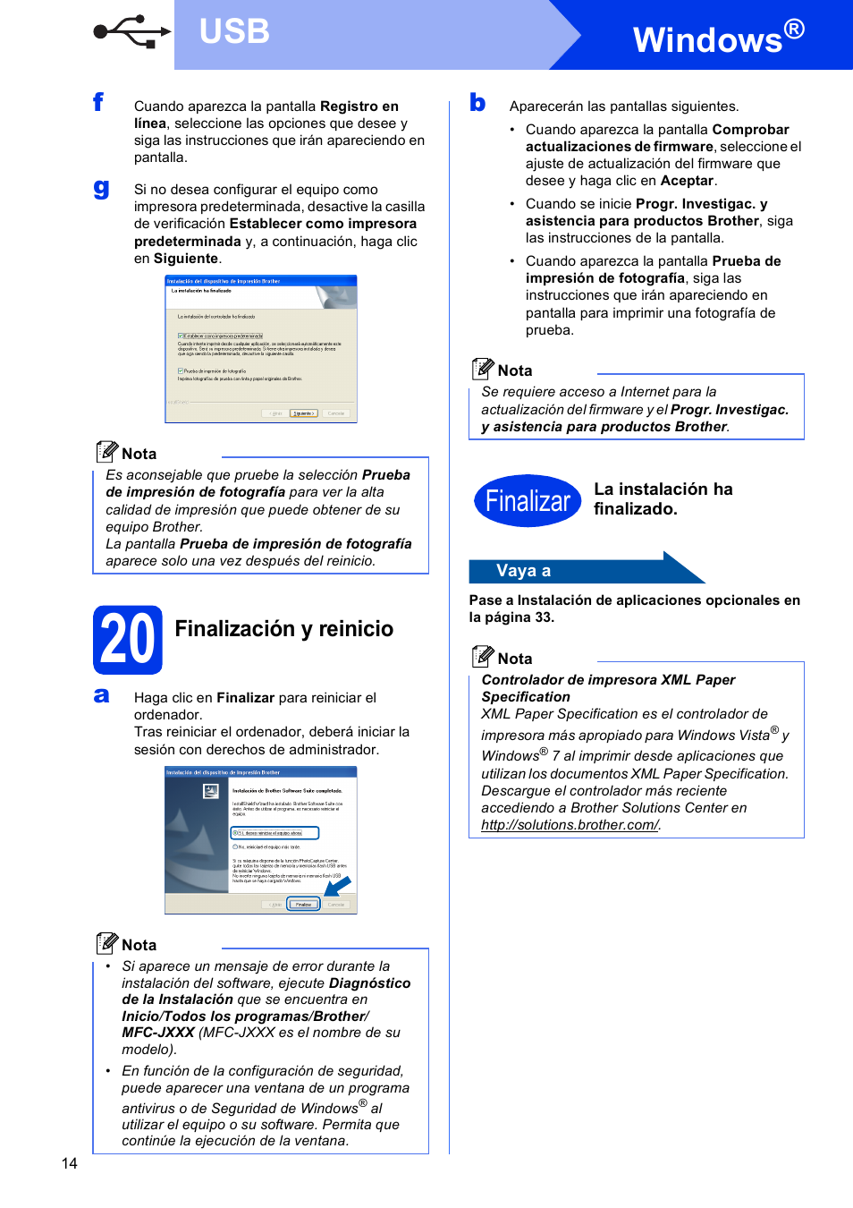 20 finalización y reinicio, Windows, Finalizar | Finalización y reinicio | Brother MFC-J625DW User Manual | Page 14 / 35