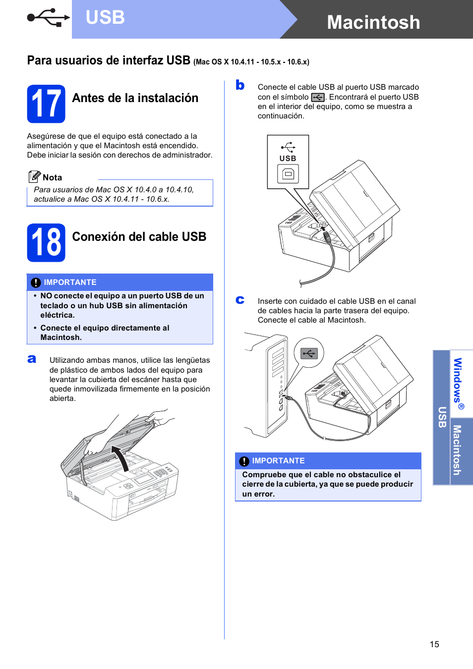 17 antes de la instalación, 18 conexión del cable usb, Macintosh usb | Brother MFC-J625DW User Manual | Page 15 / 35