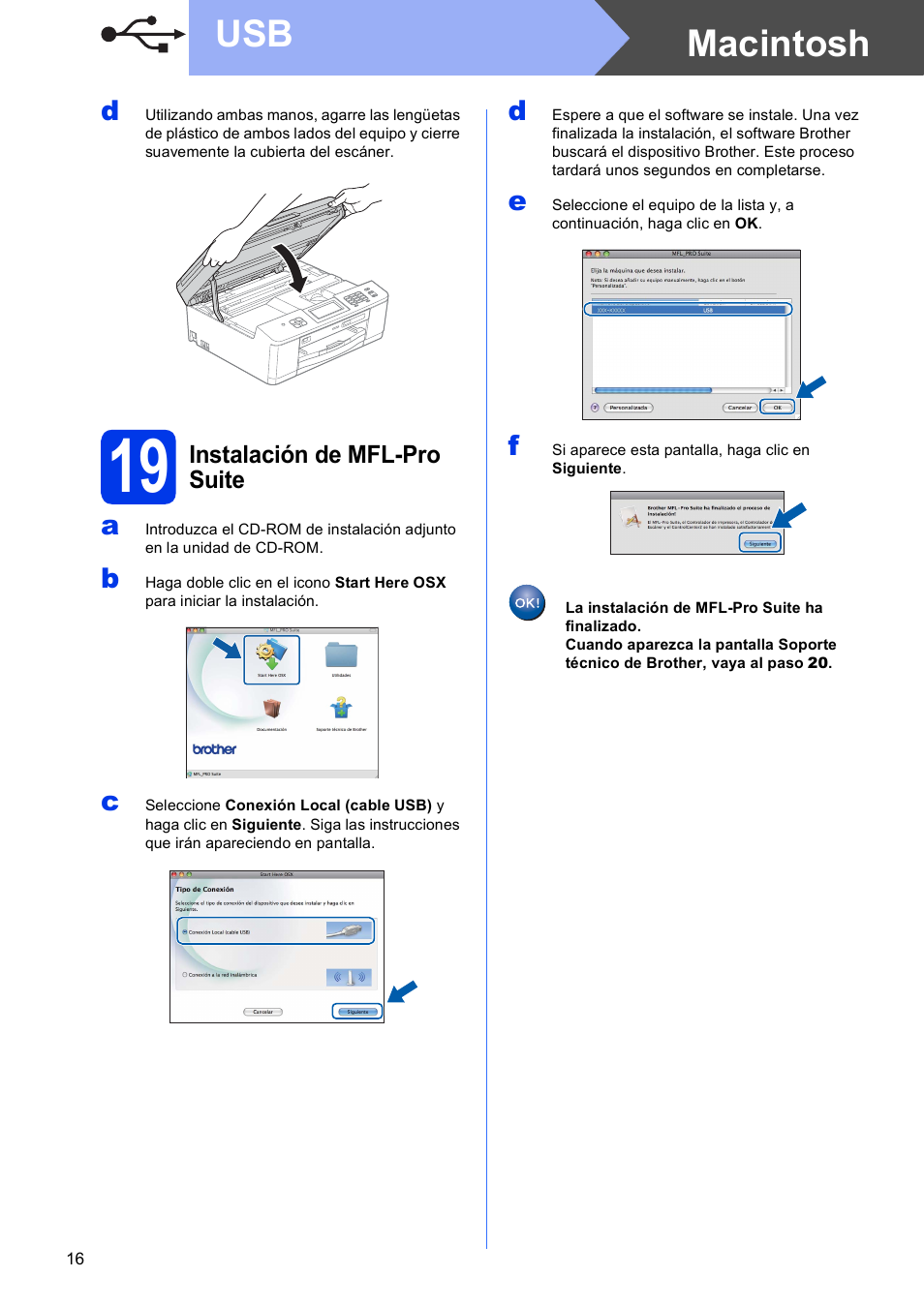 19 instalación de mfl-pro suite, Macintosh usb | Brother MFC-J625DW User Manual | Page 16 / 35