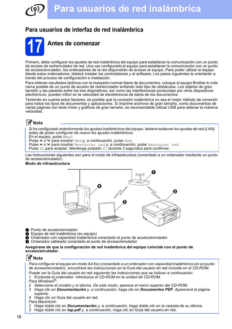 Para usuarios de interfaz de red inalámbrica, 17 antes de comenzar, Para usuarios de red inalámbrica | Antes de comenzar | Brother MFC-J625DW User Manual | Page 18 / 35