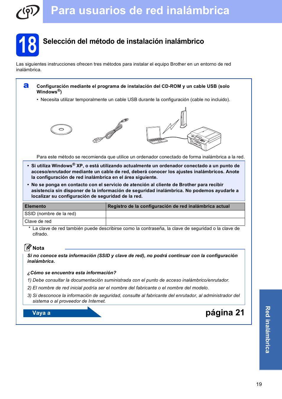 18 selección del método de instalación inalámbrico, Para usuarios de red inalámbrica, Página 21 | Selección del método de instalación inalámbrico | Brother MFC-J625DW User Manual | Page 19 / 35