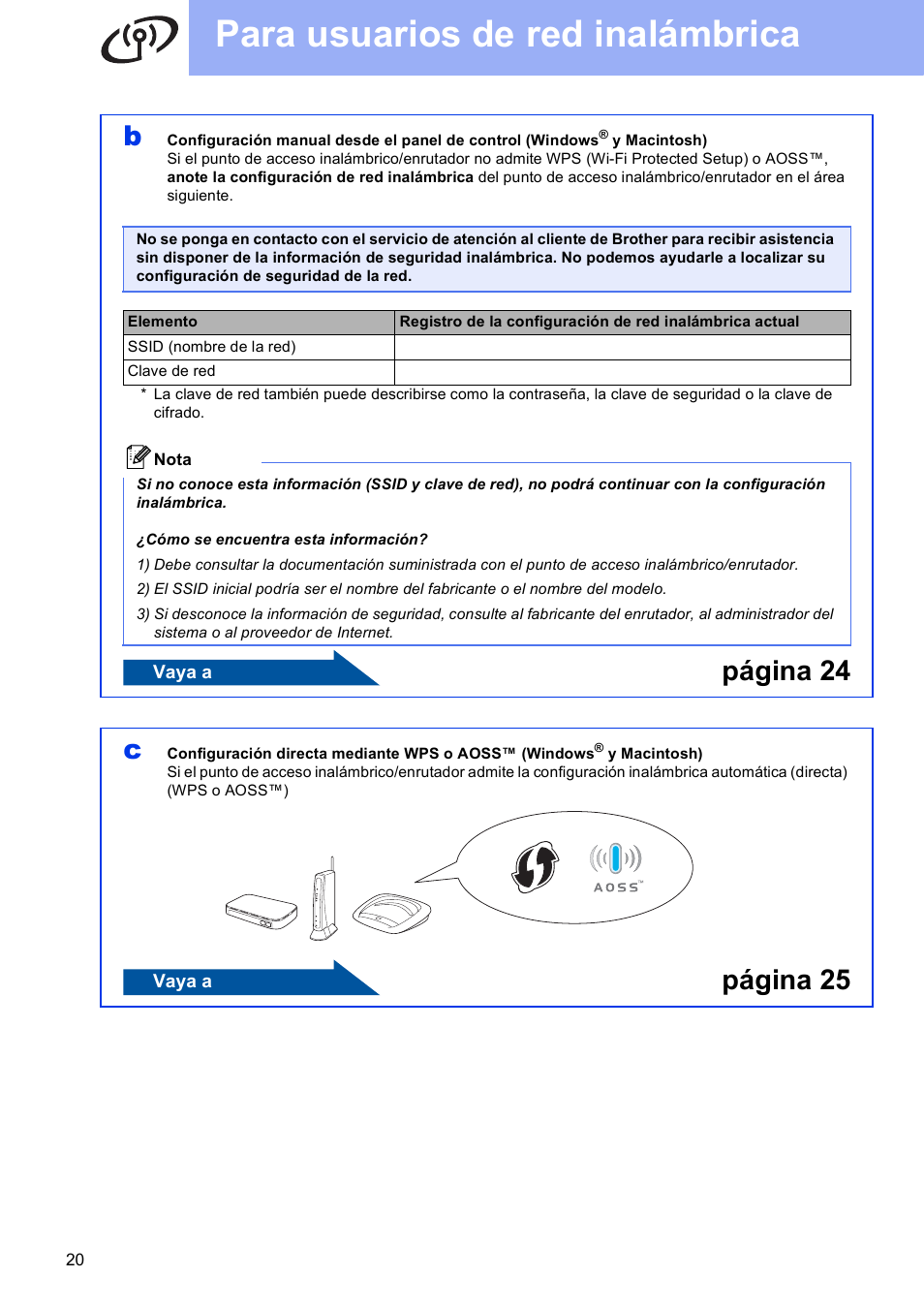 Para usuarios de red inalámbrica, Página 24 c, Página 25 | Brother MFC-J625DW User Manual | Page 20 / 35