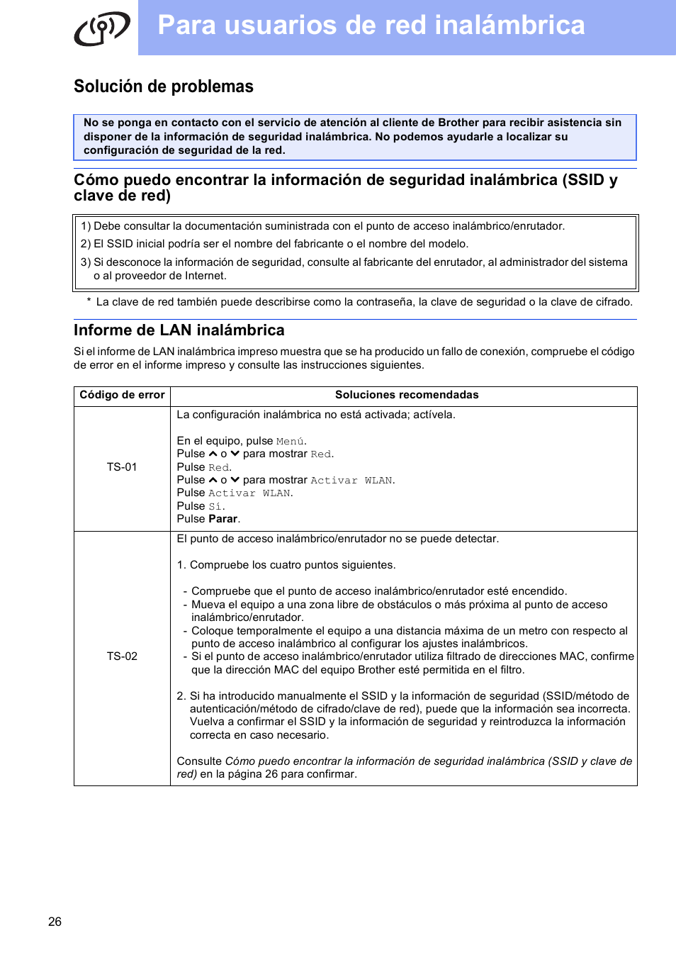 Solución de problemas, Informe de lan inalámbrica, Para usuarios de red inalámbrica | Brother MFC-J625DW User Manual | Page 26 / 35