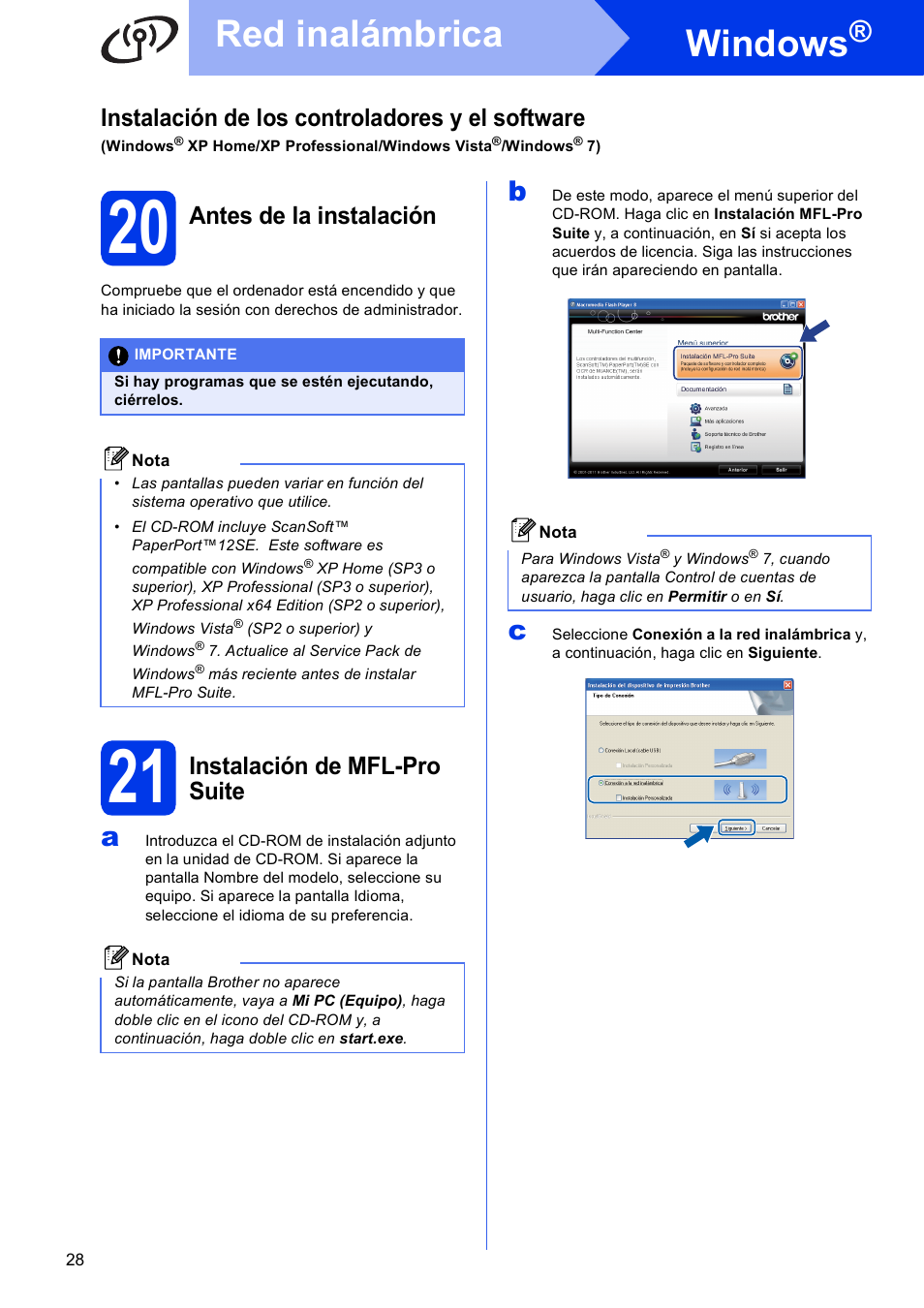 20 antes de la instalación, 21 instalación de mfl-pro suite, Windows | Red inalámbrica, Instalación de los controladores y el software, Antes de la instalación, Instalación de mfl-pro suite | Brother MFC-J625DW User Manual | Page 28 / 35