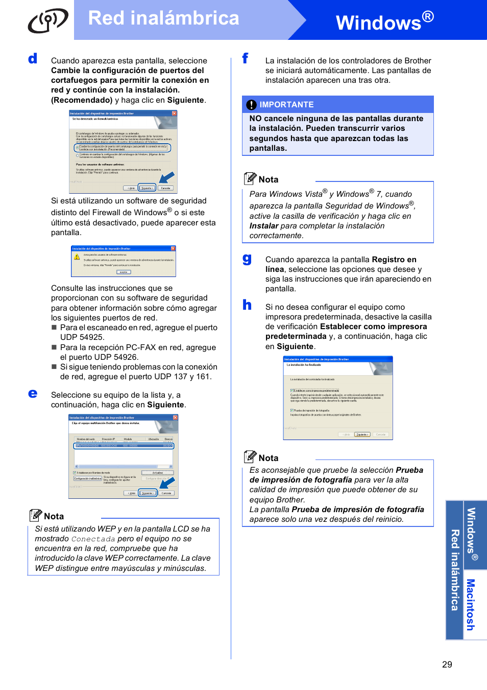 Windows, Red inalámbrica | Brother MFC-J625DW User Manual | Page 29 / 35