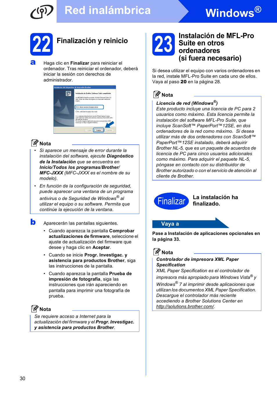 22 finalización y reinicio, Windows, Red inalámbrica | Finalizar, Finalización y reinicio | Brother MFC-J625DW User Manual | Page 30 / 35