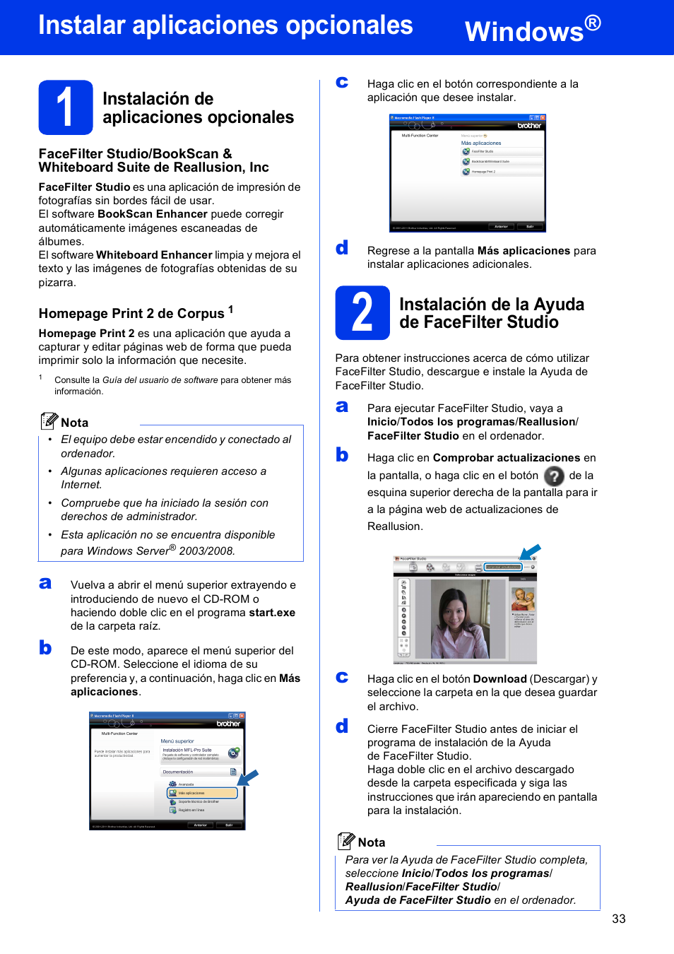 Instalar aplicaciones opcionales windows, 1 instalación de aplicaciones opcionales, 2 instalación de la ayuda de facefilter studio | Windows, Instalar aplicaciones opcionales | Brother MFC-J625DW User Manual | Page 33 / 35