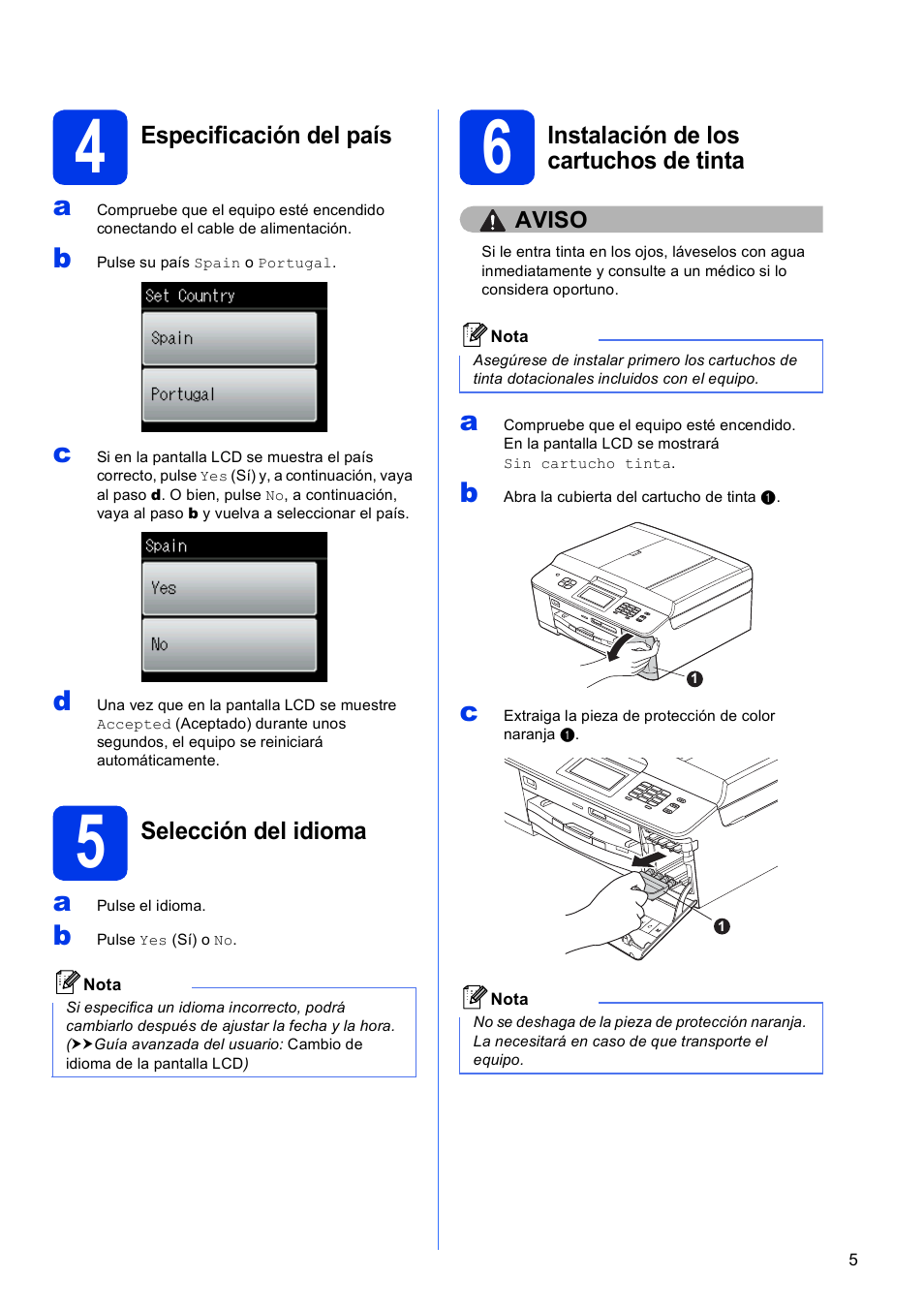 4 especificación del país, 5 selección del idioma, 6 instalación de los cartuchos de tinta | Brother MFC-J625DW User Manual | Page 5 / 35