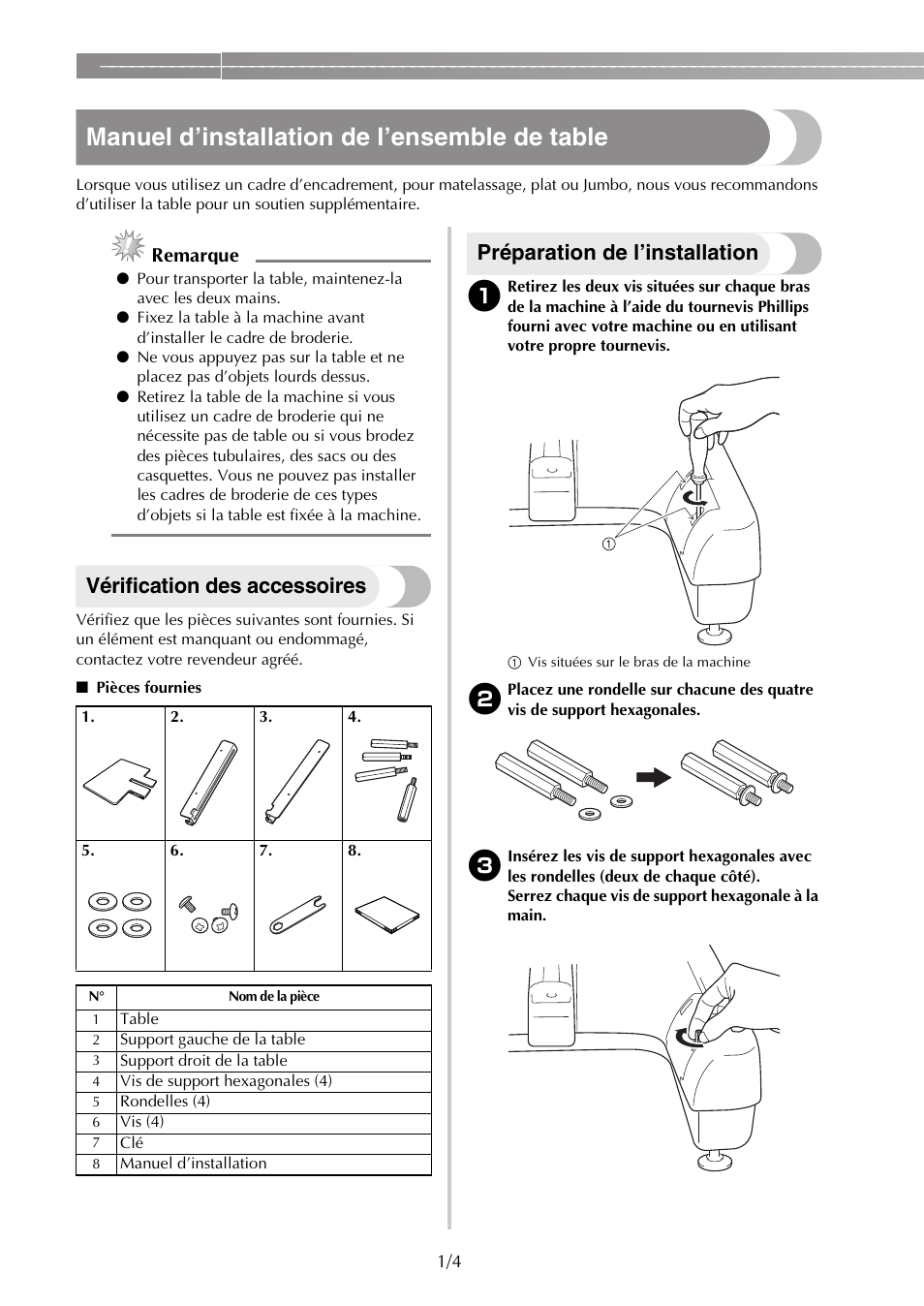 Manuel d’installation de l’ensemble de table, Vérification des accessoires, Préparation de l’installation | Remarque | Brother PR650e User Manual | Page 10 / 40