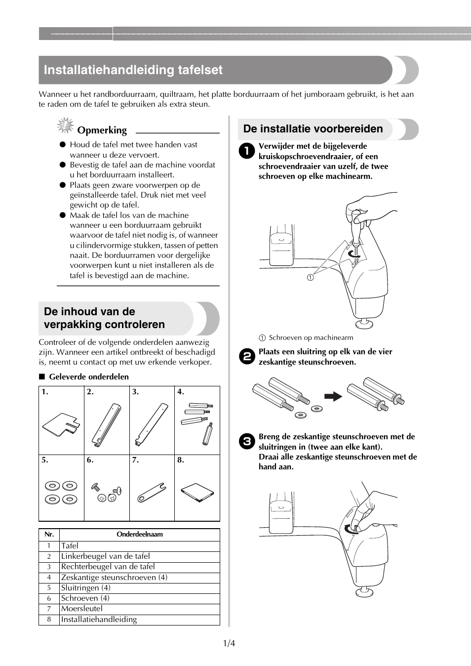 Installatiehandleiding tafelset, De inhoud van de verpakking controleren, De installatie voorbereiden | Opmerking | Brother PR650e User Manual | Page 14 / 40