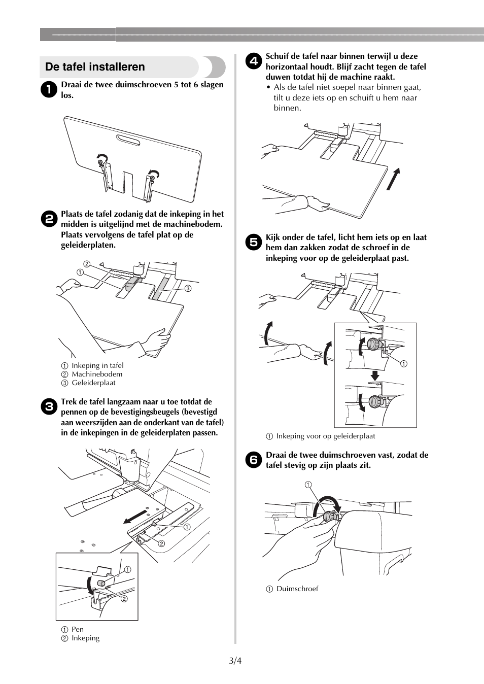 De tafel installeren | Brother PR650e User Manual | Page 16 / 40