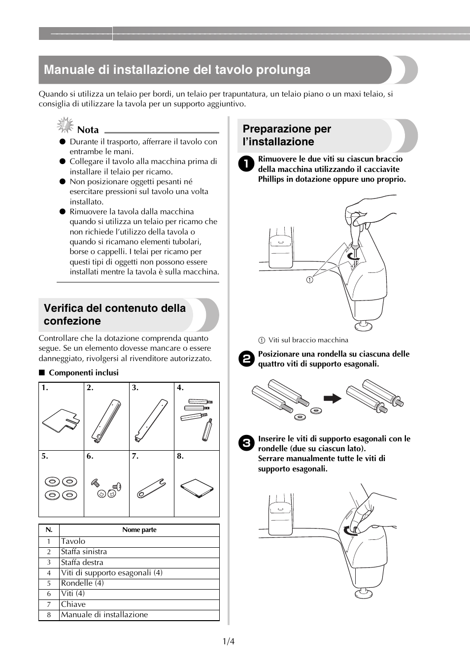 Manuale di installazione del tavolo prolunga, Verifica del contenuto della confezione, Preparazione per l’installazione | Nota | Brother PR650e User Manual | Page 18 / 40