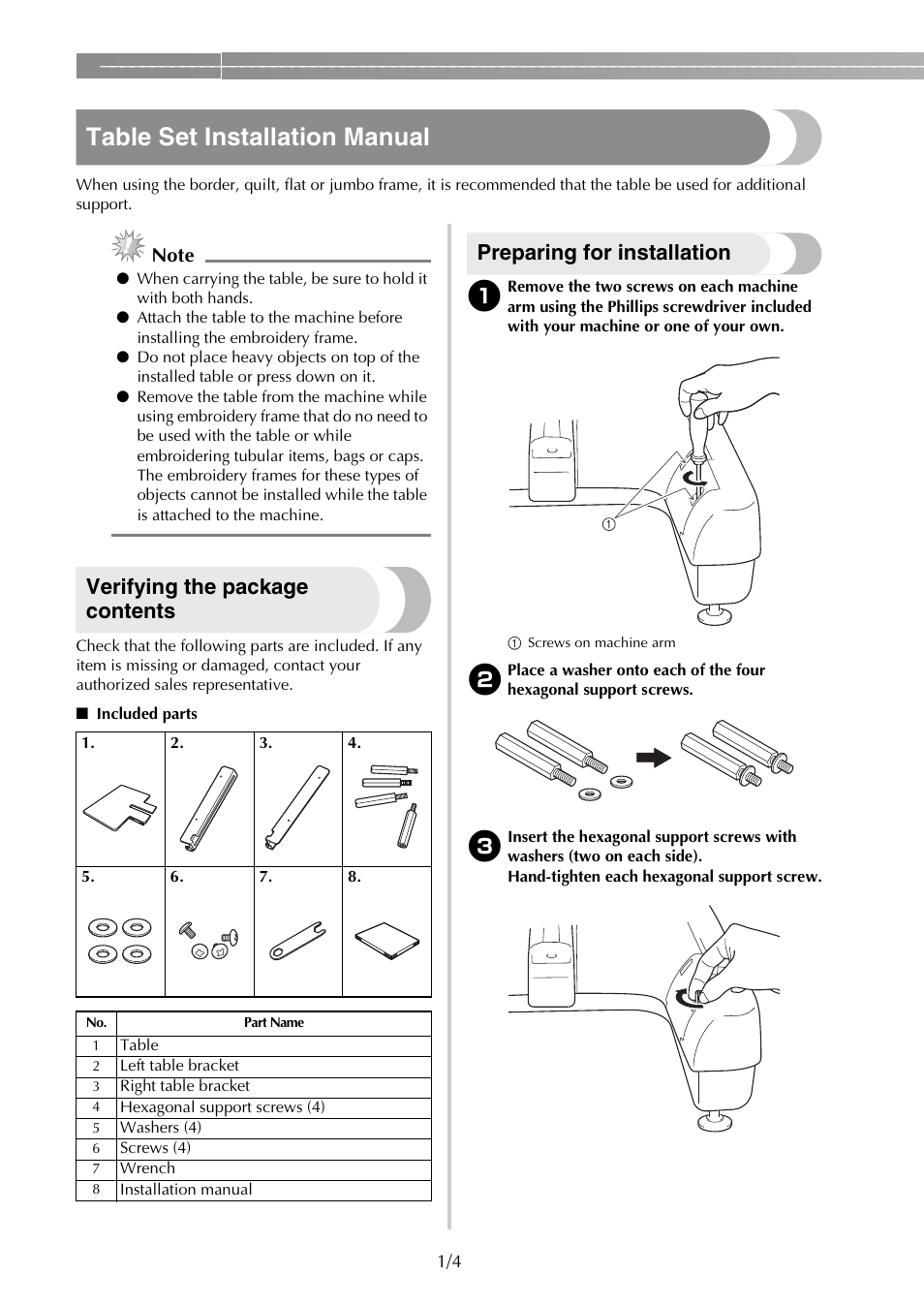 Table set installation manual, Verifying the package contents, Preparing for installation | Brother PR650e User Manual | Page 2 / 40