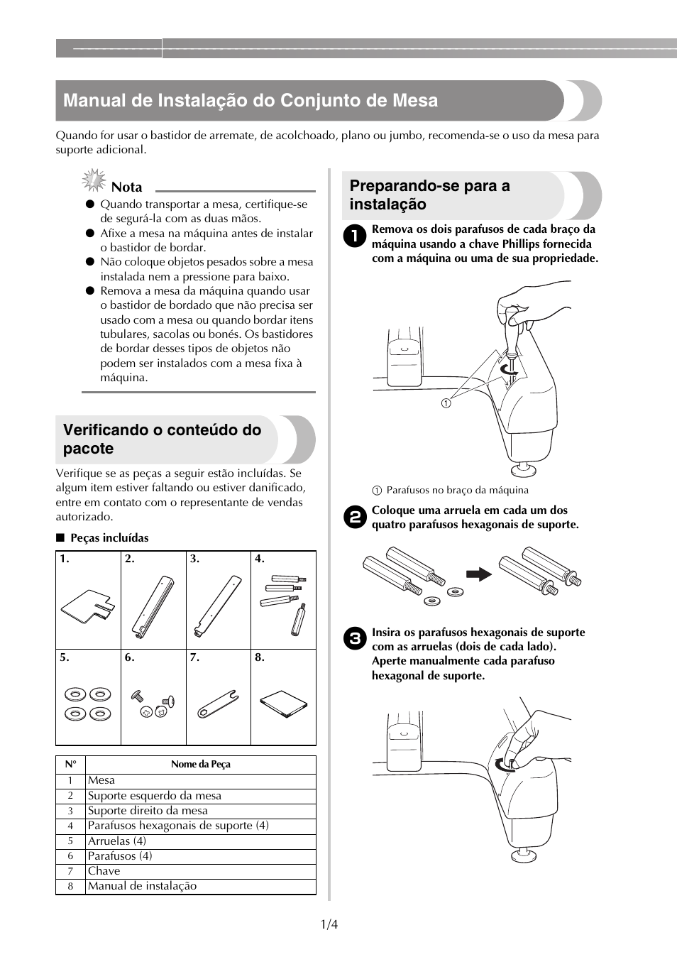 Manual de instalação do conjunto de mesa, Verificando o conteúdo do pacote, Preparando-se para a instalação | Nota | Brother PR650e User Manual | Page 26 / 40