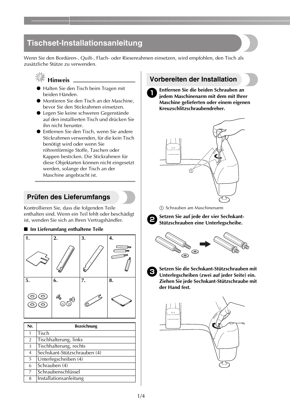 Tischset-installationsanleitung, Prüfen des lieferumfangs, Vorbereiten der installation | Hinweis | Brother PR650e User Manual | Page 6 / 40