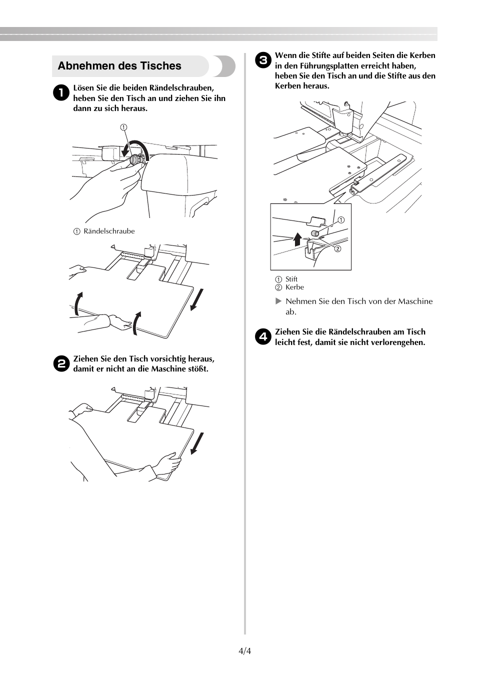 Abnehmen des tisches | Brother PR650e User Manual | Page 9 / 40