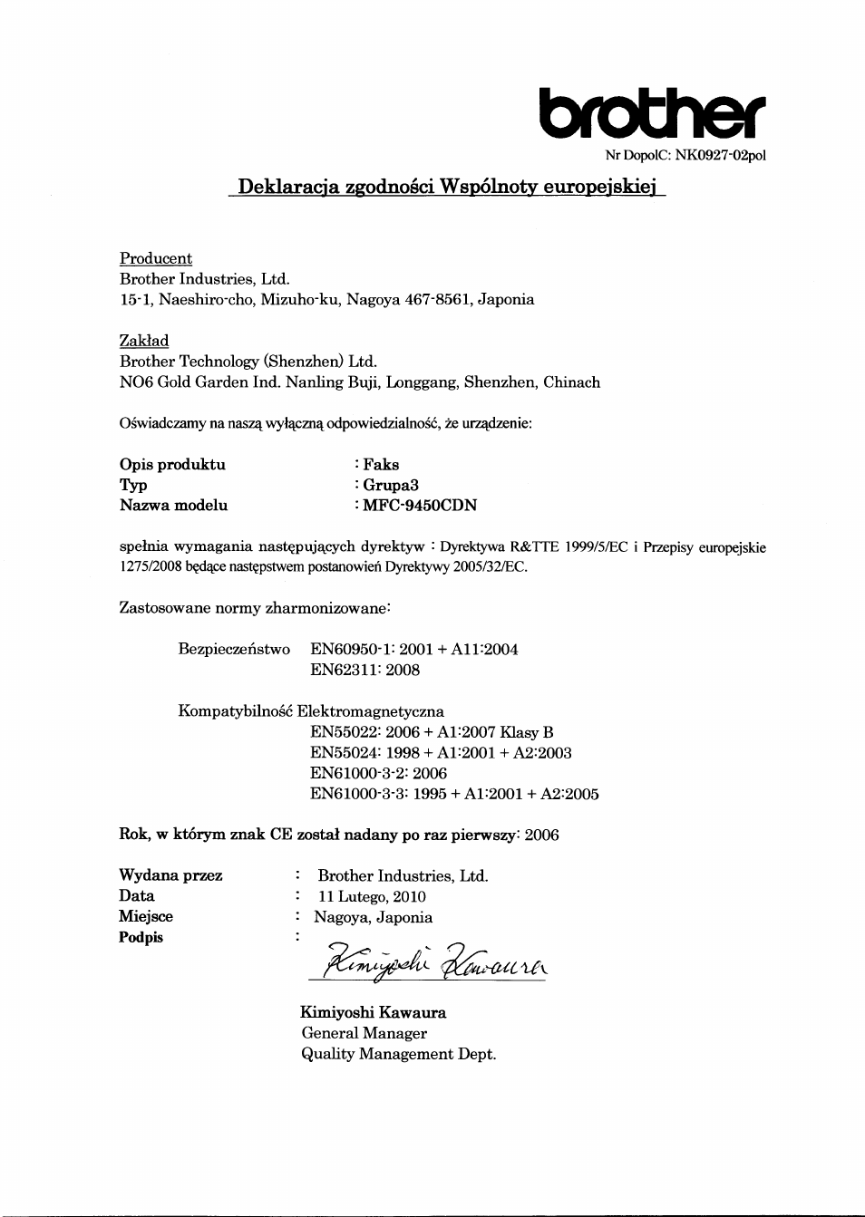 Deklaracia zgodnosci wspolnotv europeiskiei, Brother | Brother MFC-9450CDN User Manual | Page 11 / 21