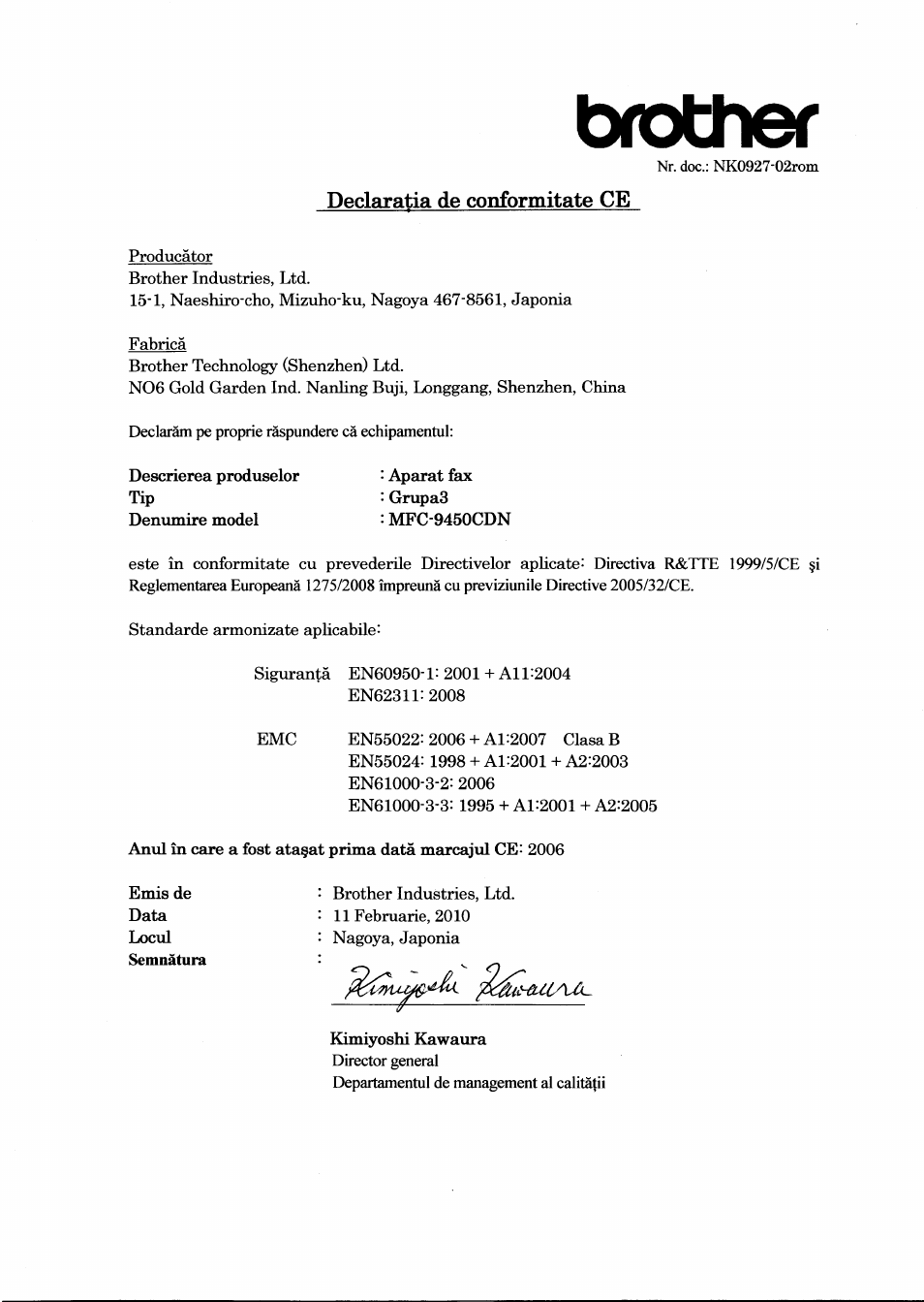 Declaratia de conformitate ce, Brother | Brother MFC-9450CDN User Manual | Page 17 / 21