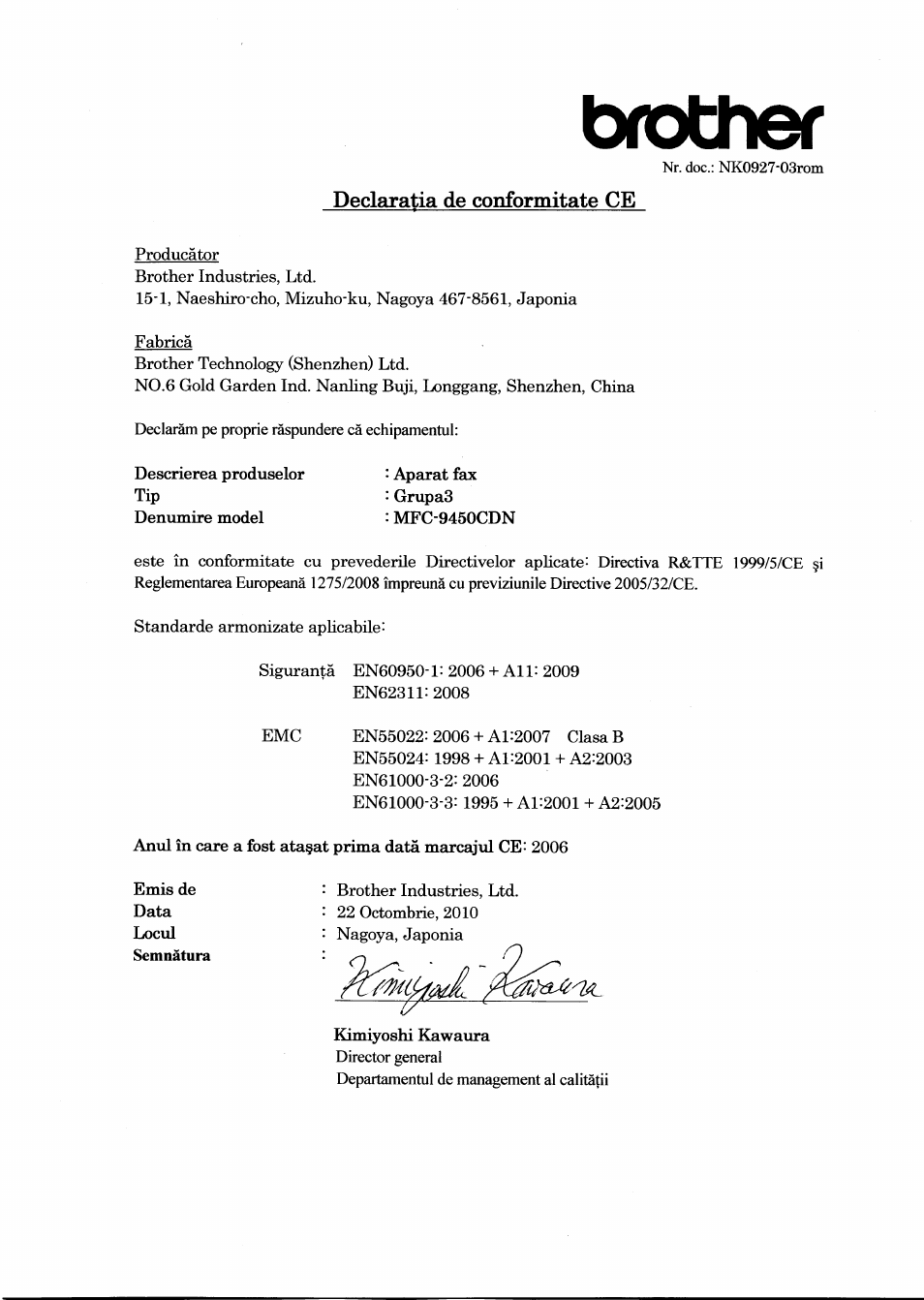 Declaratia de conformitate ce, Brother | Brother MFC-9450CDN User Manual | Page 18 / 21