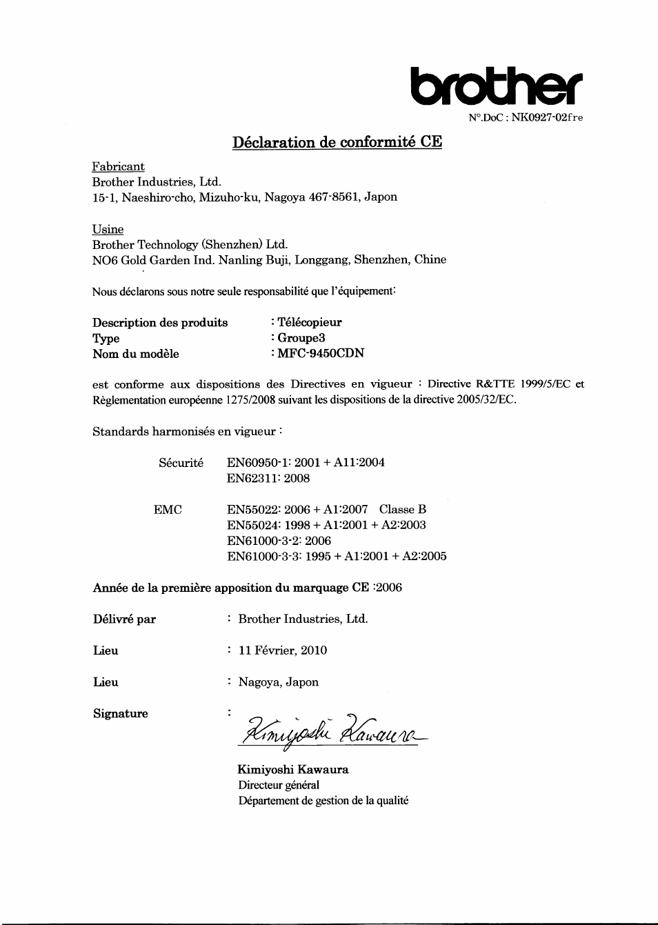 Déclaration de conformité ce, Brother | Brother MFC-9450CDN User Manual | Page 5 / 21