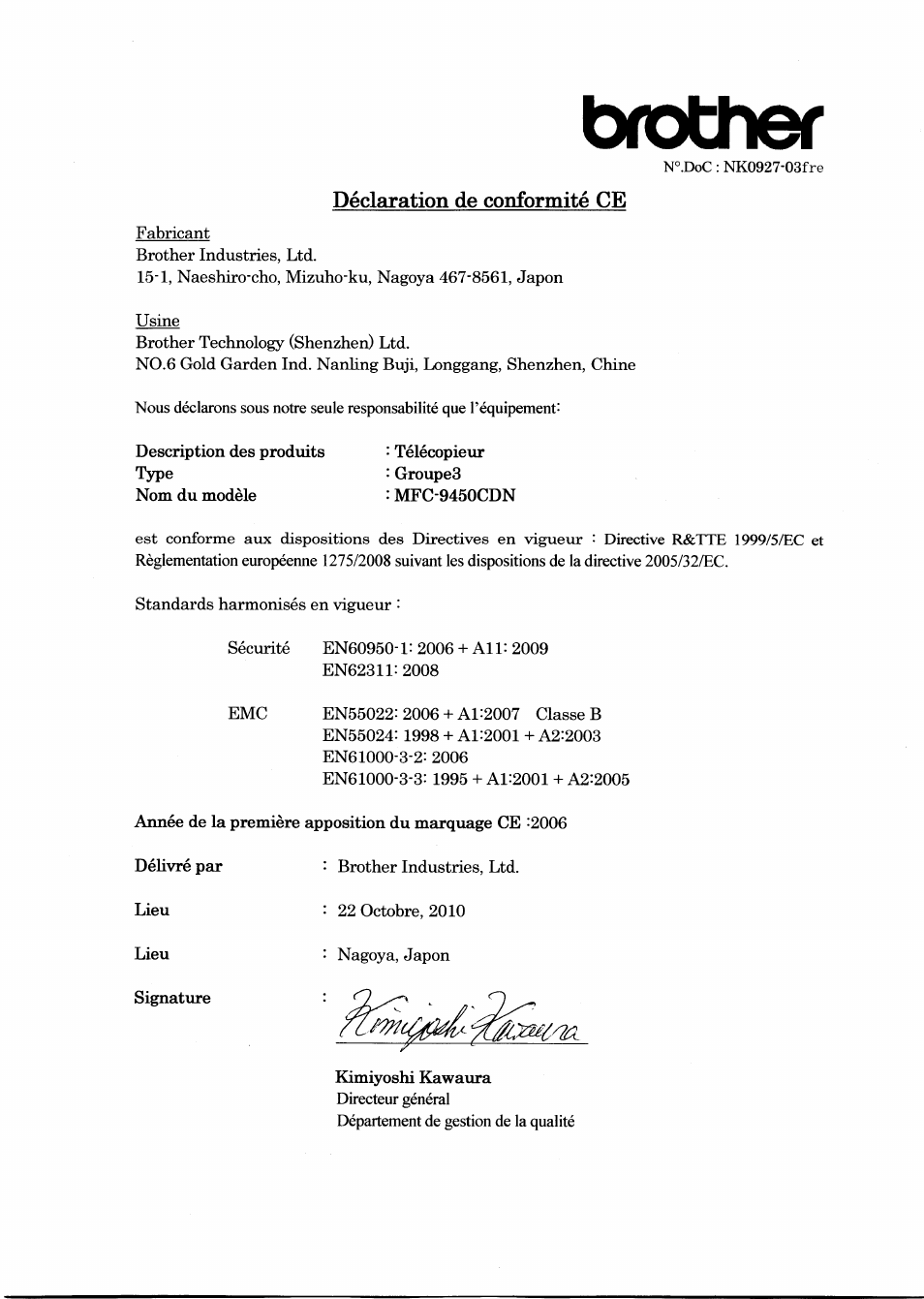 Déclaration de conformité ce, Brother | Brother MFC-9450CDN User Manual | Page 6 / 21