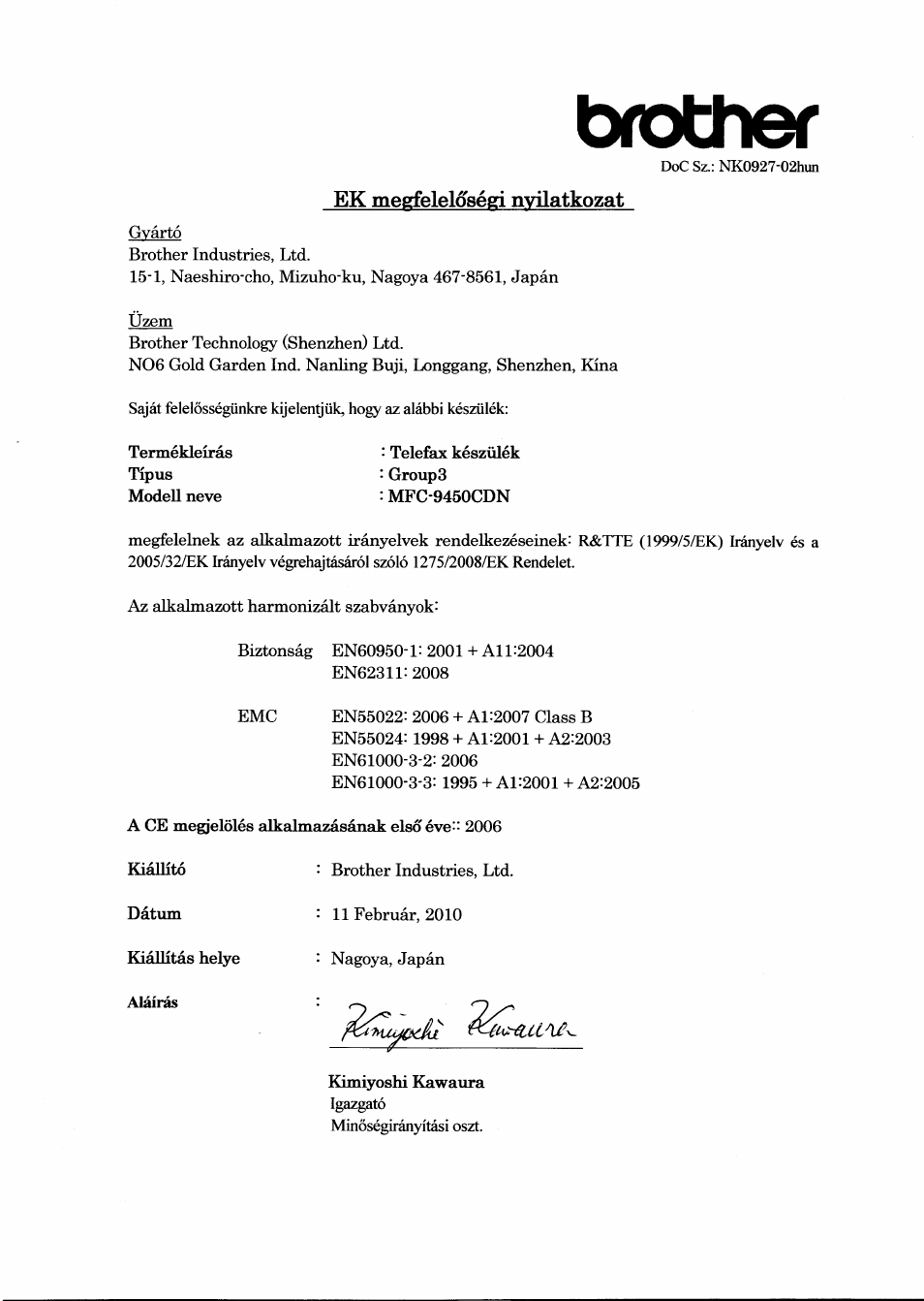 Ek megfeleldsegi nvilatkozat, Brother | Brother MFC-9450CDN User Manual | Page 8 / 21
