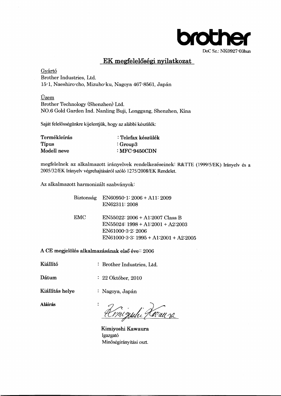 Ek megfelelosegi nvilatkozat, Brother | Brother MFC-9450CDN User Manual | Page 9 / 21