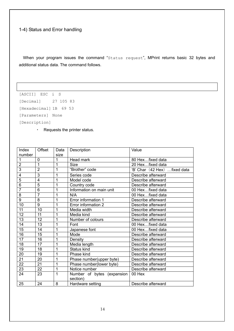4) status and error handling, 4-1) status information, Esc i s request printer status | Brother MW-260 User Manual | Page 14 / 58
