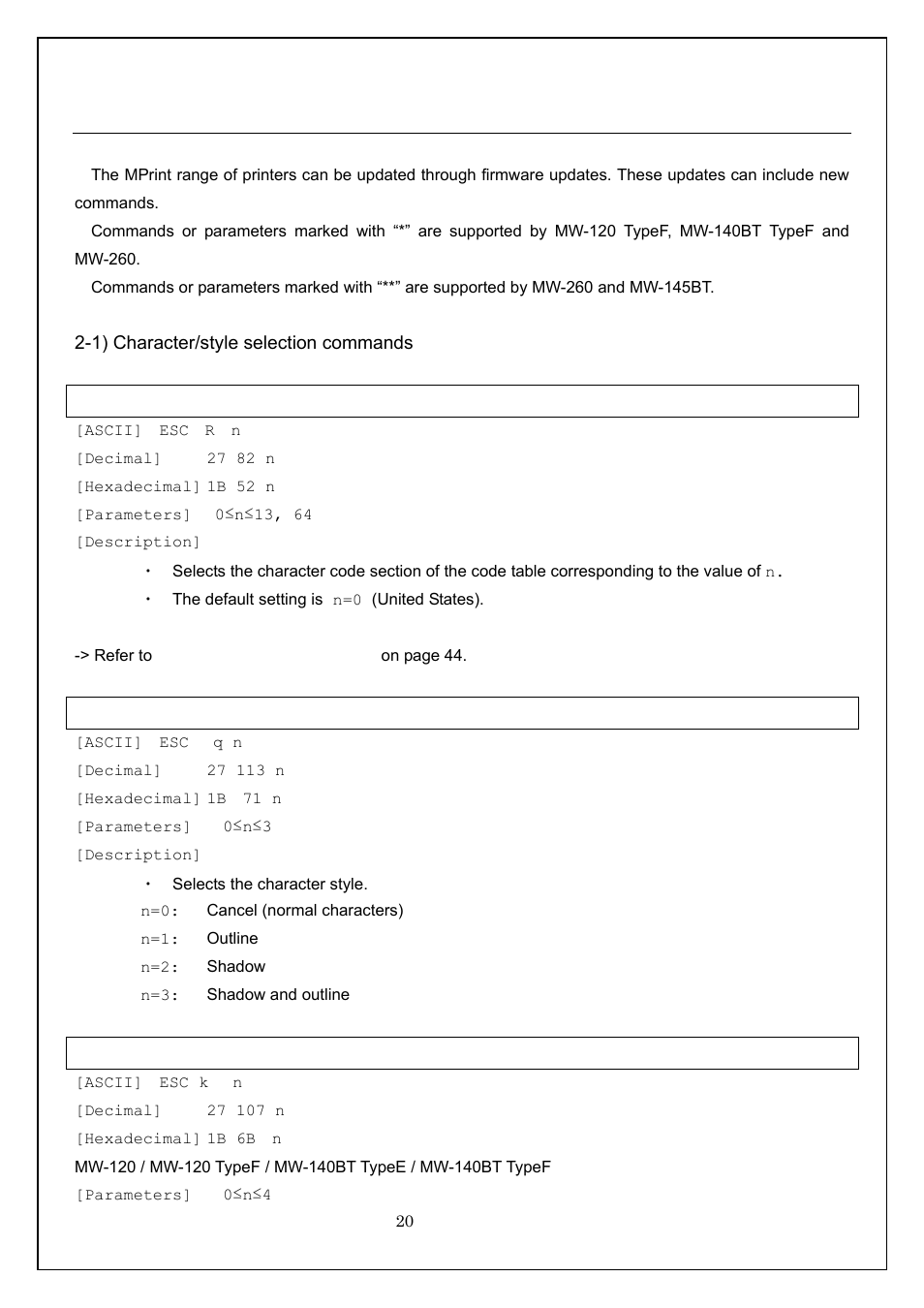 Chapter 2. command information, 1) character/style selection commands, Esc r select international character set | Esc q select character style, Esc k select font | Brother MW-260 User Manual | Page 20 / 58