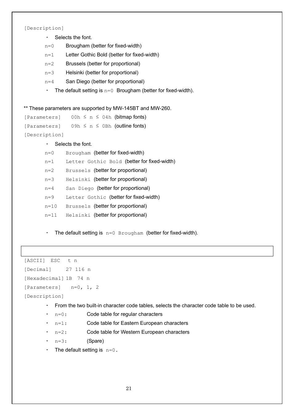 Esc t select character code table | Brother MW-260 User Manual | Page 21 / 58