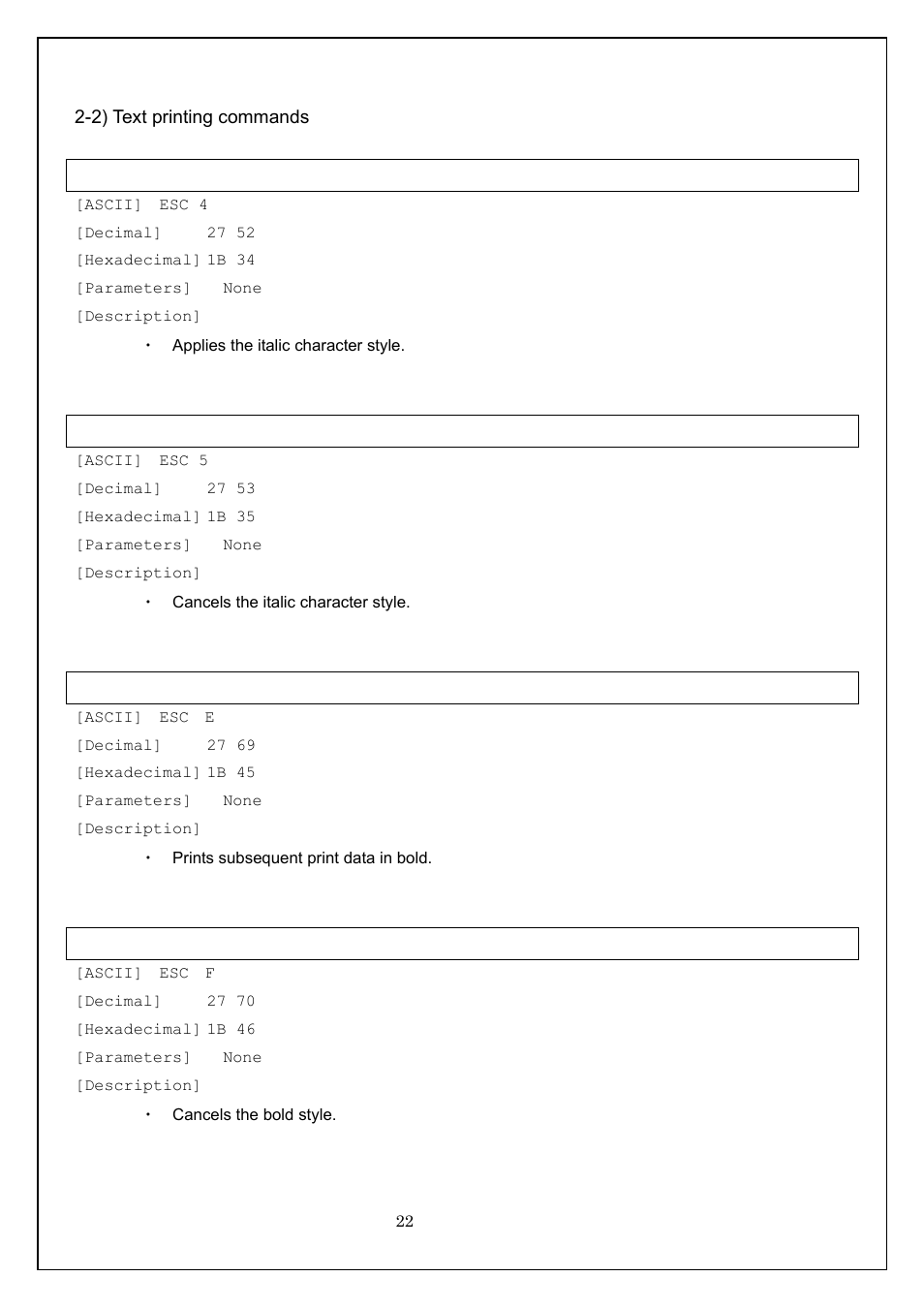 2) text printing commands, Esc 4 apply italic style, Esc 5 cancel italic style | Esc e apply bold style, Esc f cancel bold style | Brother MW-260 User Manual | Page 22 / 58