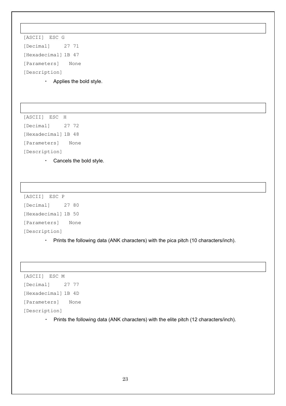 Esc g specify double printing, Esc h cancel double printing, Esc p specify pica pitch | Esc m specify elite pitch | Brother MW-260 User Manual | Page 23 / 58