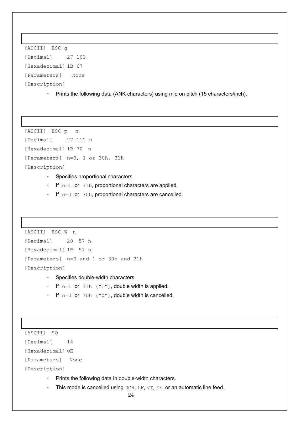 Esc g specify micron pitch, Esc p specify proportional characters, Esc w specify double-width characters | So specify auto-cancelling enlarged characters | Brother MW-260 User Manual | Page 24 / 58