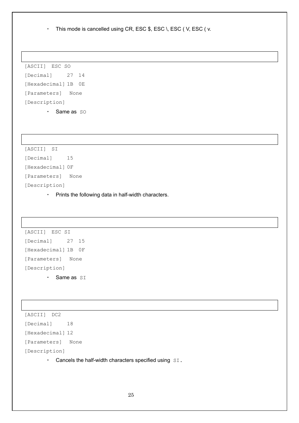 Esc so specify auto-cancelling enlarged characters, Si specify half-width characters, Esc si specify half-width characters | Dc2 cancel half-width characters | Brother MW-260 User Manual | Page 25 / 58