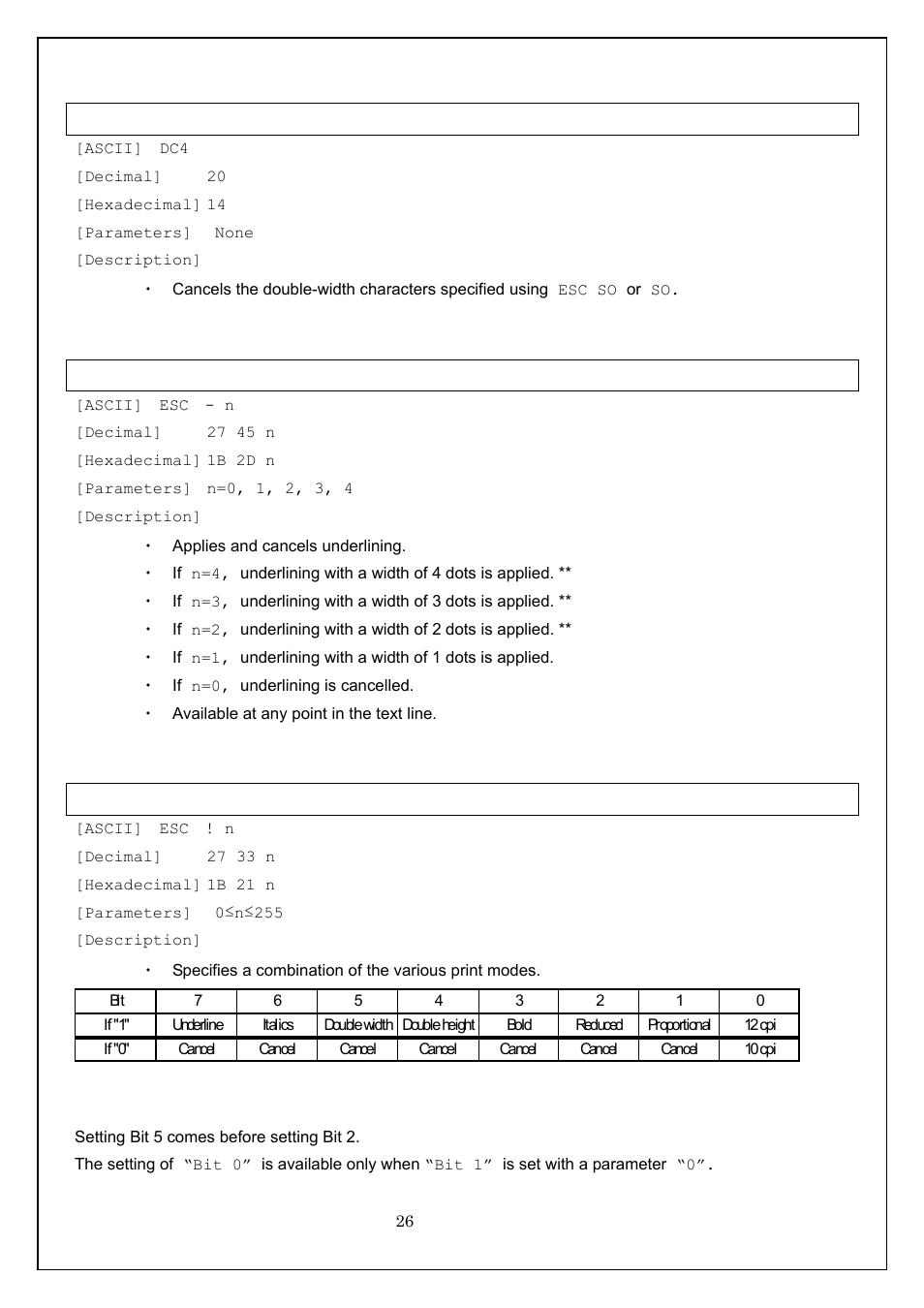 Dc4 cancel auto-cancelling double-width characters, Esc - apply/cancel underlining, Esc ! global formatting | Brother MW-260 User Manual | Page 26 / 58