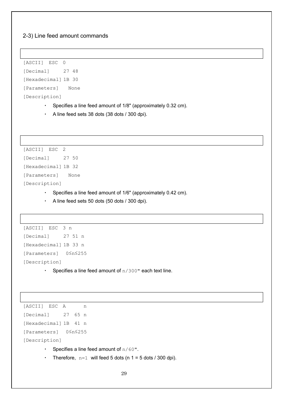 3) line feed amount commands, Esc 0 specify line feed of 1/8, Esc 2 specify line feed of 1/6 | Esc 3 specify line feed amount in minimum units, Esc a specify line feed amount of n/60 | Brother MW-260 User Manual | Page 29 / 58
