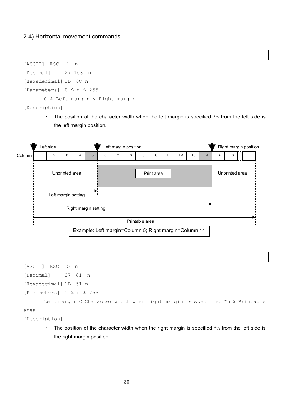 4) horizontal movement commands, Esc l specify left margin, Esc q specify right margin | Brother MW-260 User Manual | Page 30 / 58