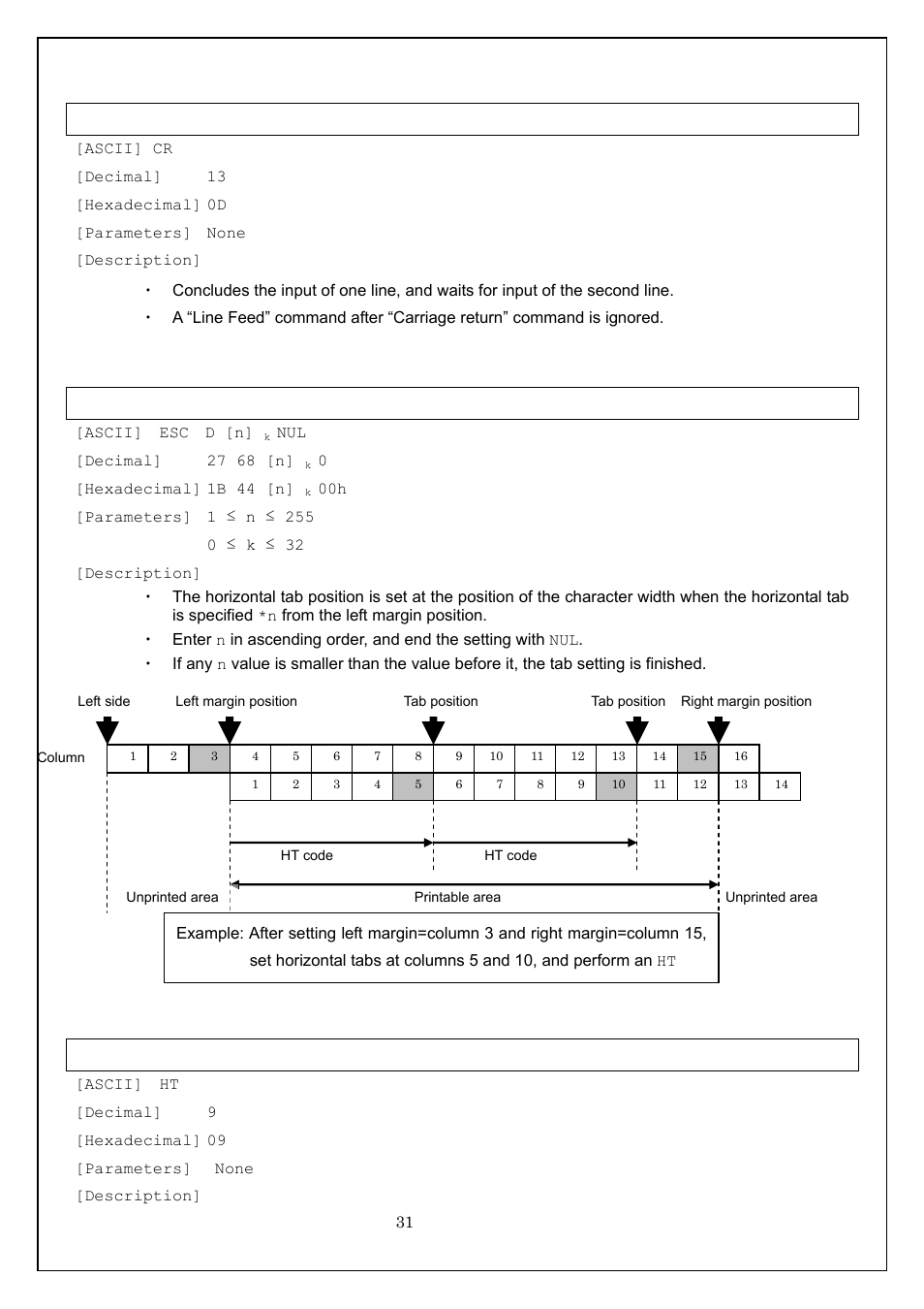 Cr carriage return, Esc d specify horizontal tab position, Ht apply horizontal tab | Brother MW-260 User Manual | Page 31 / 58