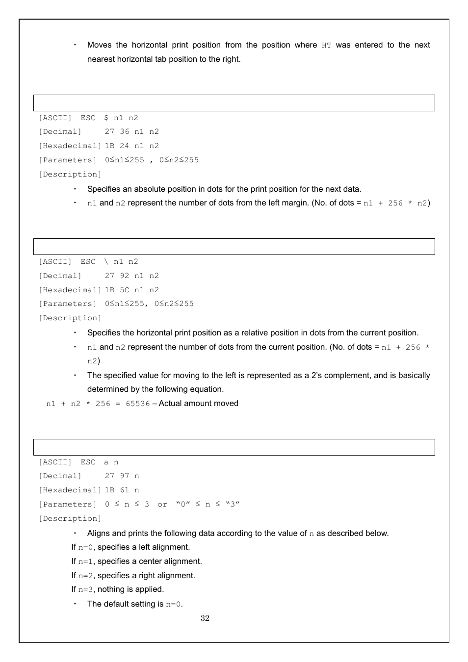 Esc $ specify absolute horizontal position, Esc \ specify relative horizontal position, Esc a specify alignment | Brother MW-260 User Manual | Page 32 / 58