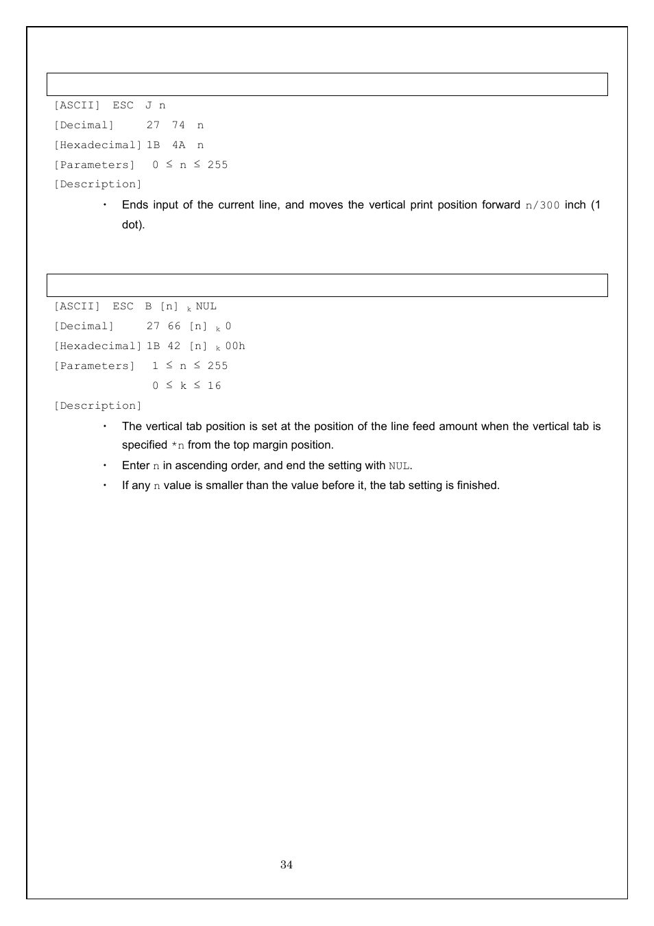 Esc j forward paper feed, Esc b specify vertical tab position | Brother MW-260 User Manual | Page 34 / 58