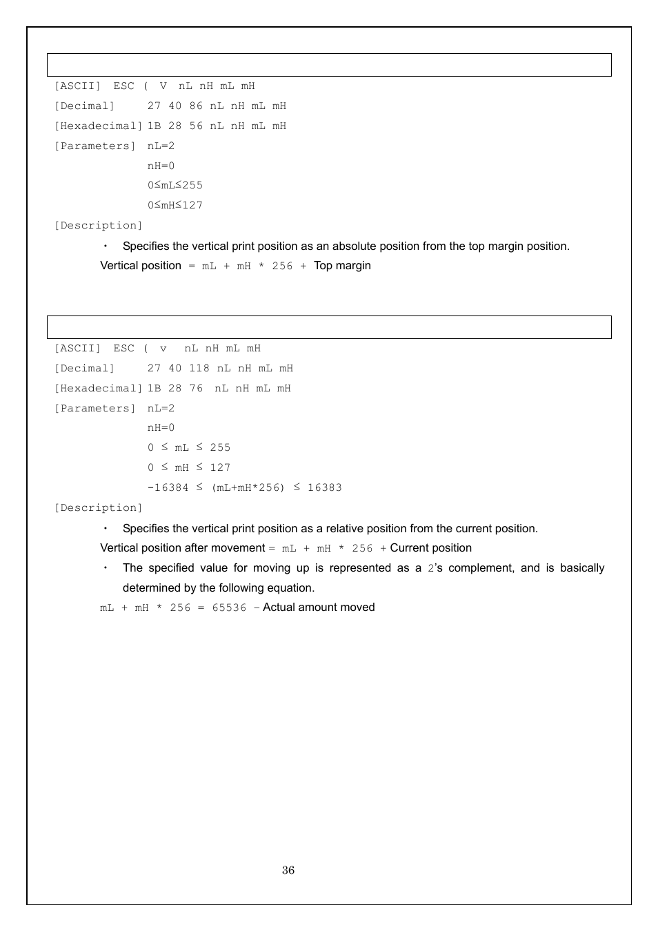 Esc ( v specify absolute vertical position, Esc ( v specify relative vertical position | Brother MW-260 User Manual | Page 36 / 58