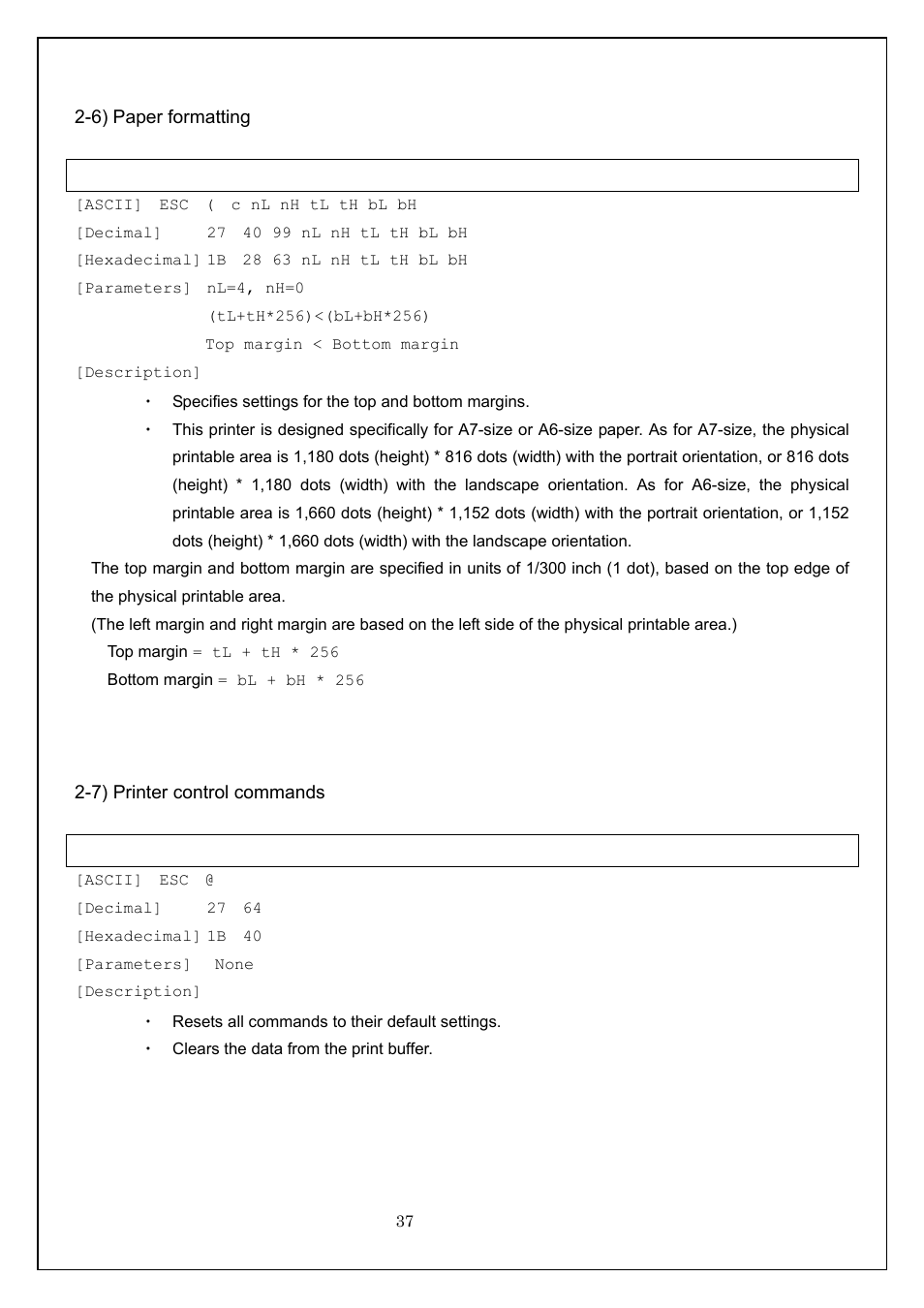 6) paper formatting, 7) printer control commands, Esc @ initialize | 6) paper formatting 2-7) printer control commands | Brother MW-260 User Manual | Page 37 / 58