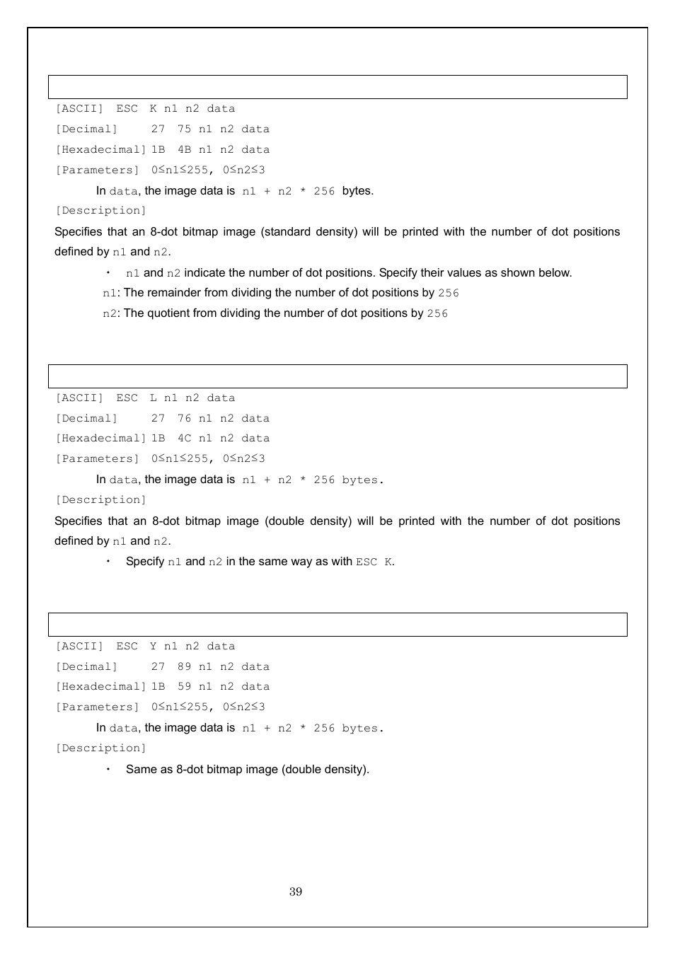 Esc k 8-dot bitmap image (standard density), Esc l 8-dot bitmap image (double density) | Brother MW-260 User Manual | Page 39 / 58