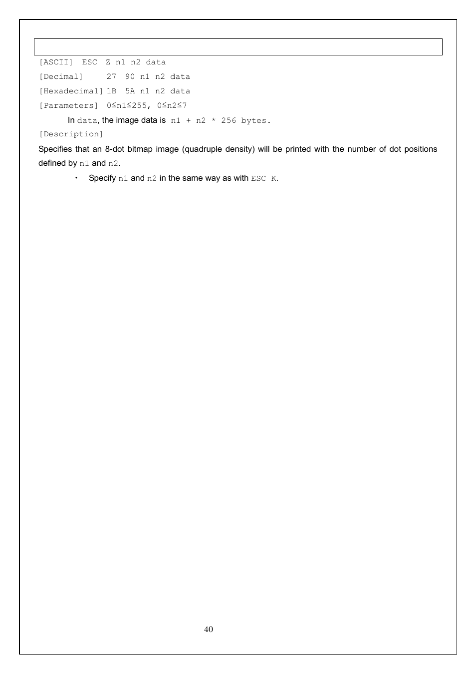 Esc z 8-dot bitmap image (quadruple density) | Brother MW-260 User Manual | Page 40 / 58