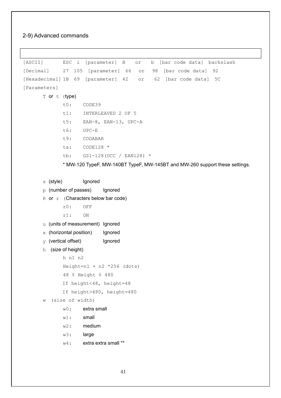 9) advanced commands, Esc i b bar code | Brother MW-260 User Manual | Page 41 / 58