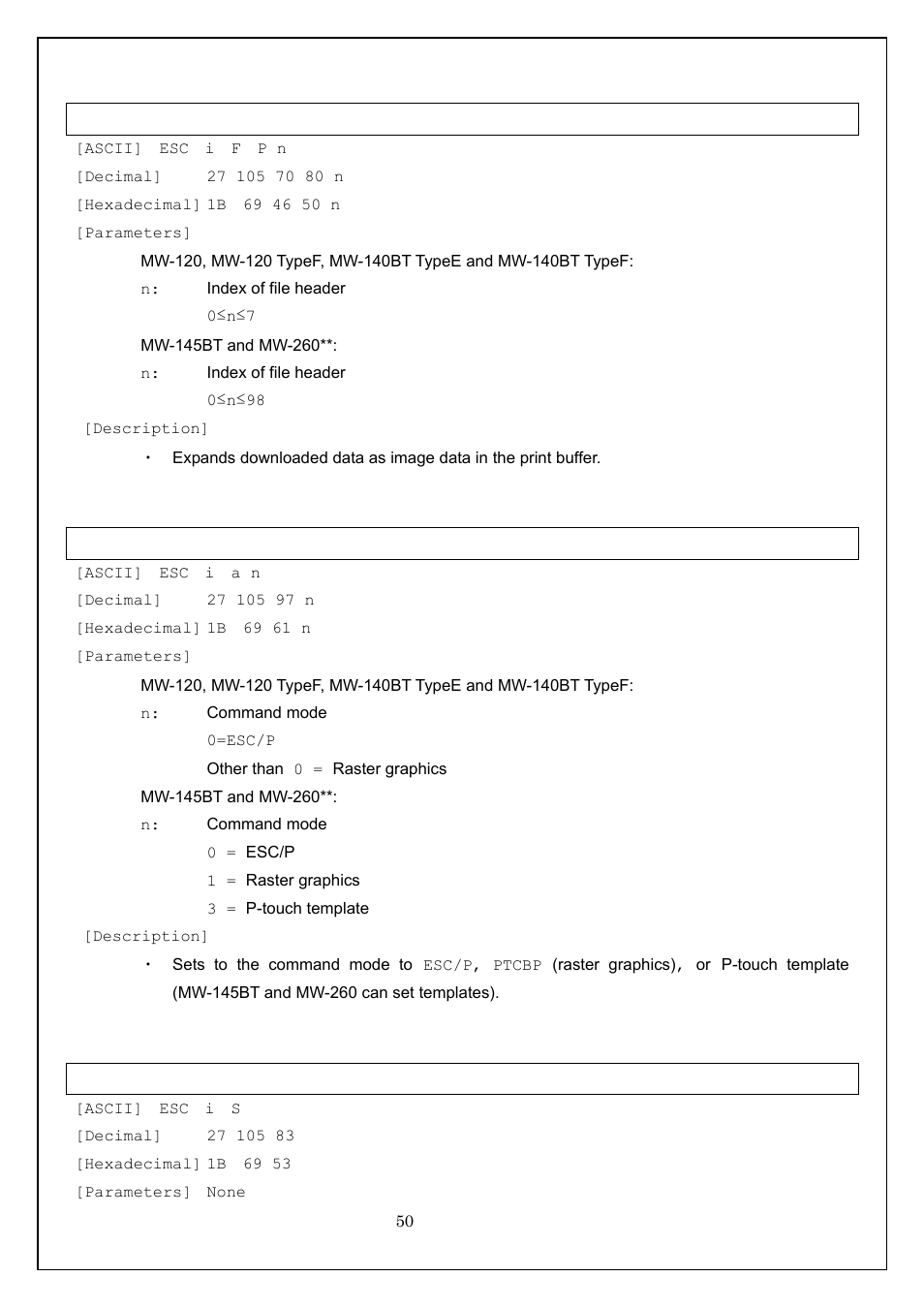 Esc i f print downloaded data, Esc i a switch command mode, Esc i s request printer status | Brother MW-260 User Manual | Page 50 / 58