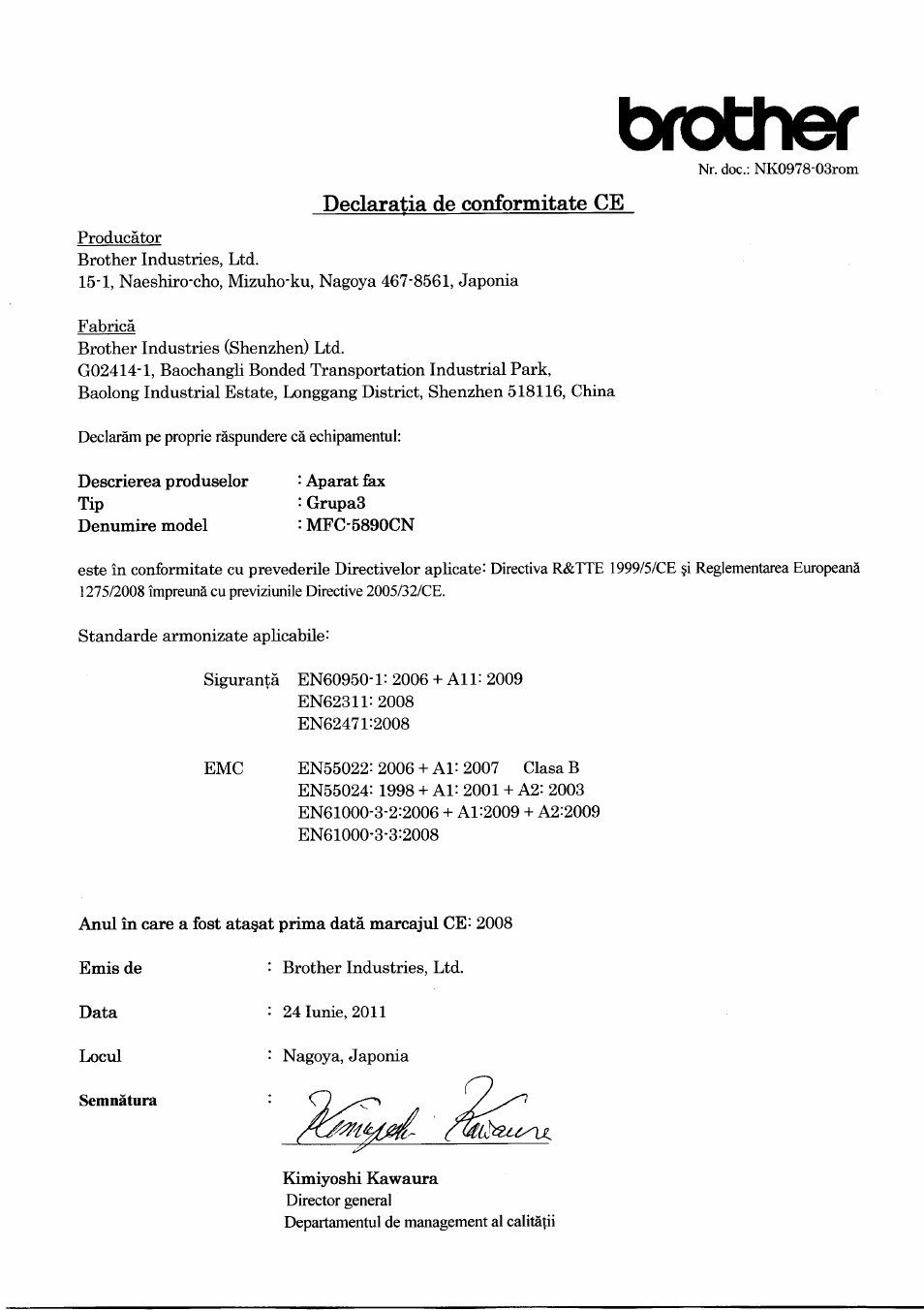Declaratia de conformitate ce, Semnatura, Brother | Brother MFC-5890CN User Manual | Page 11 / 14